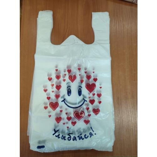 Полиэтиленовый пакет майка ПНД 9 мкм 26+14х48 см Улыбайся белый 100 шт
