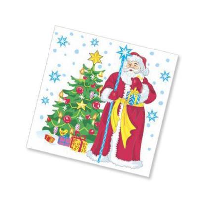 Салфетки новогодние бумажные 25*25 см Дед Мороз и ель 1-слойные с рисунком (40 л)