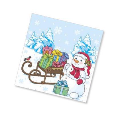 Салфетки новогодние бумажные 25*25 см Снеговик с подарками 1-слойные с рисунком (40 л)
