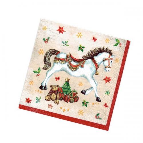 Салфетки новогодние бумажные 33*33 см Новогодняя лошадка. Кремовый фон 3 слоя 20 листов 902166