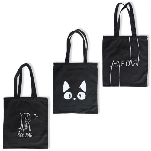 Сумка-шоппер хлопковая 35*40 см с ручками Чёрная с белым рисунком (3 вида) 520143