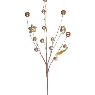 Ветка декоративная с бусинами и листиками и звездочками 40 см Золотой 50112