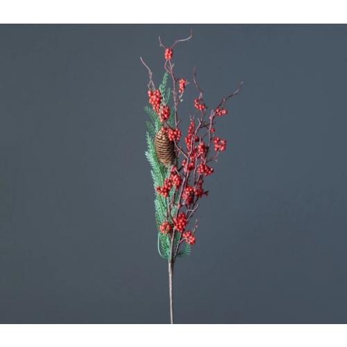 Ветка декоративная с красными ягодами и шишкой 70 см 50116