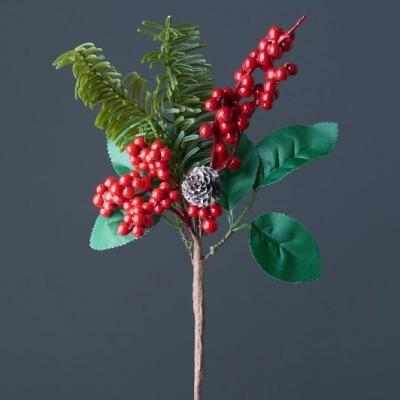 Ветка декоративная с красными ягодами, шишкой и листиками 25 см 50119