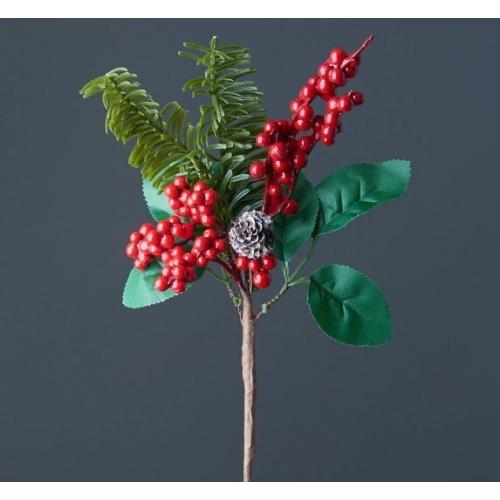 Ветка декоративная с красными ягодами, шишкой и листиками 25 см 50119