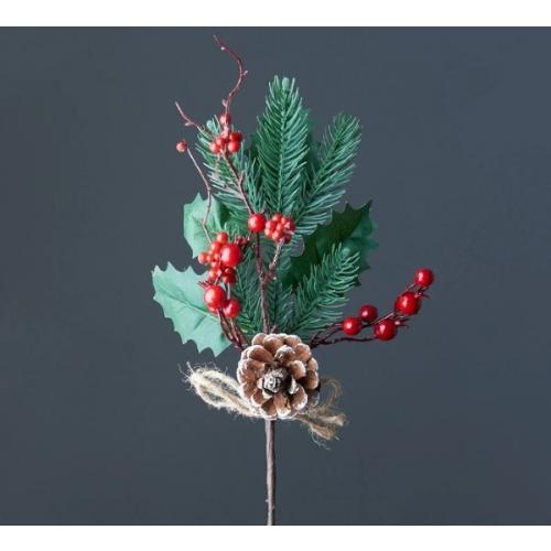 Ветка декоративная с шишкой и красными ягодами 38 см 50120