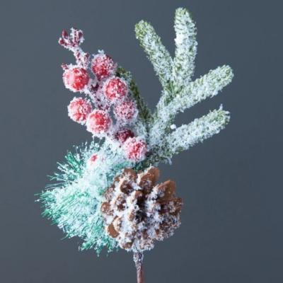 Ветка декоративная заснеженная с красными ягодами и шишкой 22 см 50106