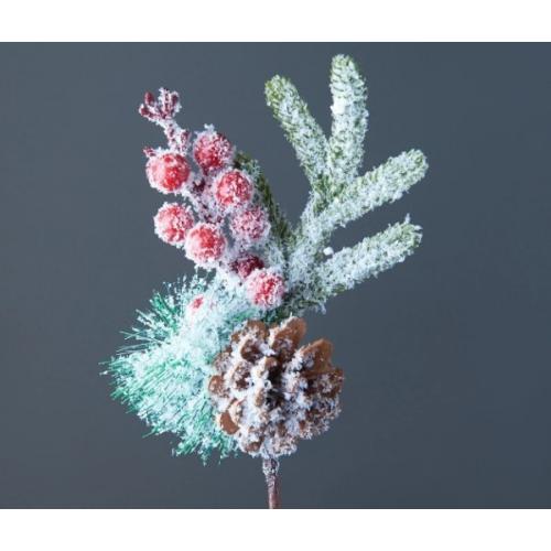 Ветка декоративная заснеженная с красными ягодами и шишкой 22 см 50106