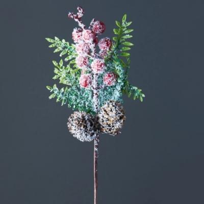 Ветка декоративная заснеженная с красными ягодами, шишками 24 см 50107