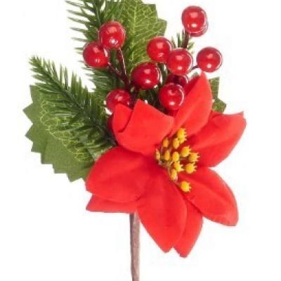 Ветка с ягодами и цветком пуансеттии 27 см 50136