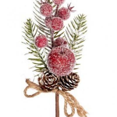 Ветка с заснеженными яблоком, ягодами и шишками 25 см 50134