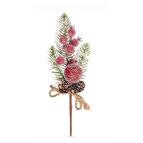 Ветка с заснеженными яблоком, ягодами и шишками 25 см 50134