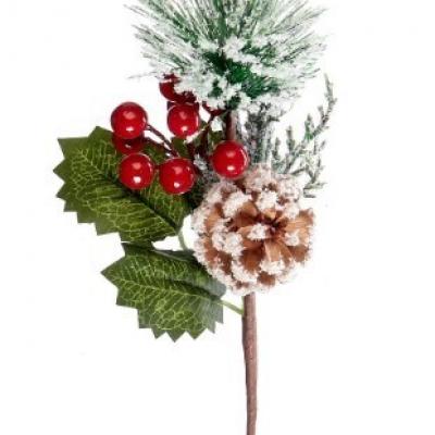 Ветка заснеженная с красными ягодами и шишкой 28 см 50128