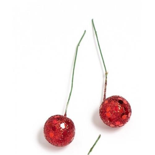 Ягодка на веточке с пайетками (10 шт) красный 171337