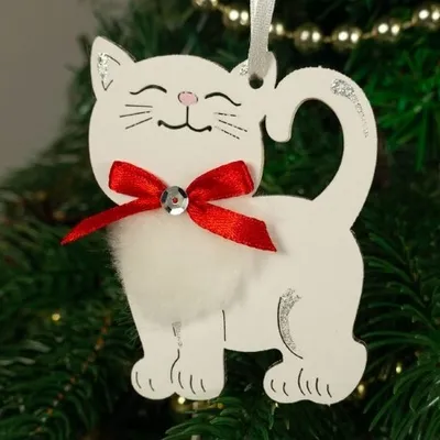 Ёлочное украшение деревянное 'Котик' 7*9 см Белый/красный 153960