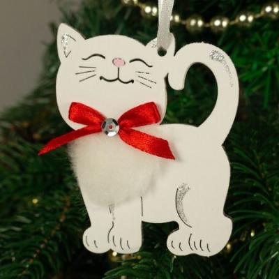 Ёлочное украшение деревянное 'Котик' 7*9 см Белый/красный 153960