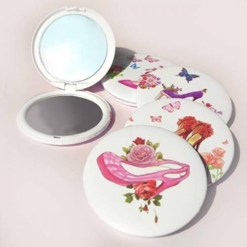 Зеркало компактное круглое Цветы с туфлями на белом (7 см) 32196